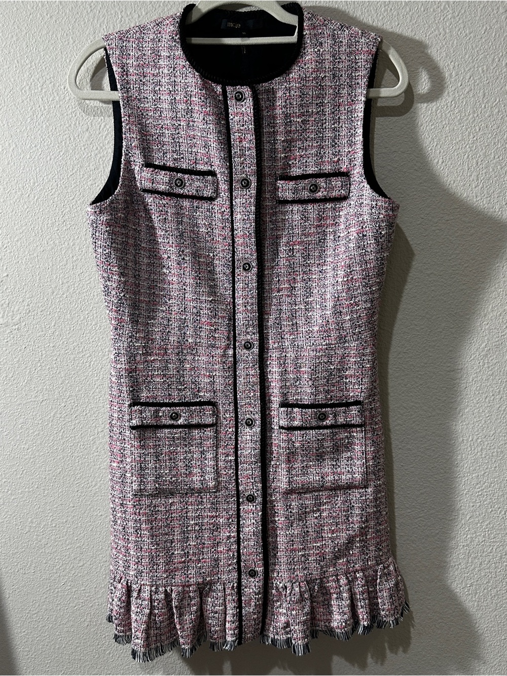 Maje Pink and Black Tweed Sleeveless Shift Dress with Ruffle Hem